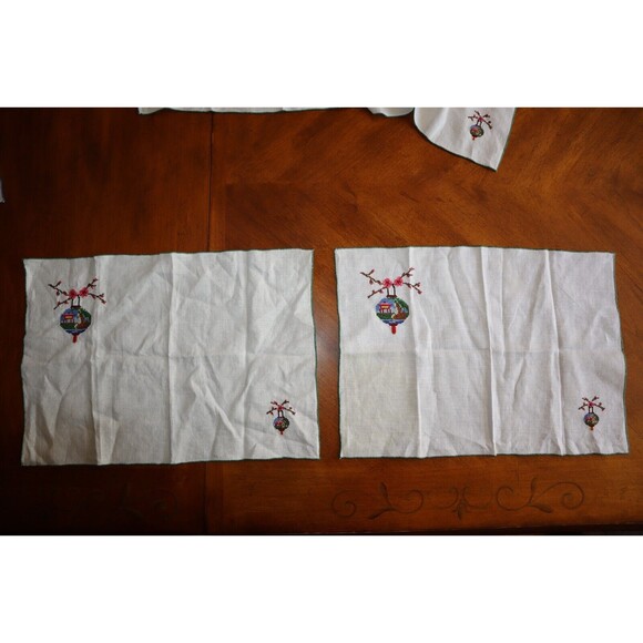 Vtg Cross Stitch Placemats Or Napkins Japanese Cherry Blossom Building 18x12" - Picture 6 of 16